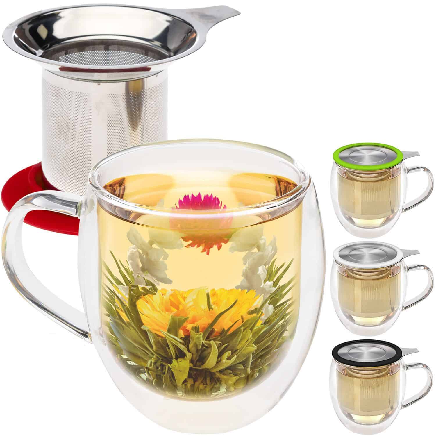 VENICE® DOUBLE WALL GLASS MUG WITH INFUSER & LID/COASTER