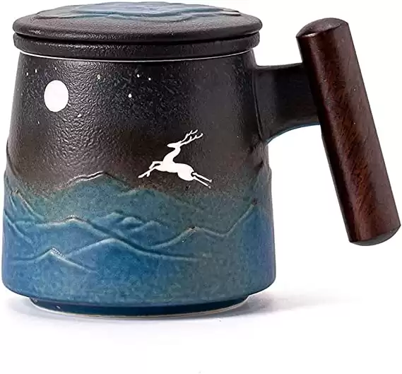 TANG PIN “Moon Deer” Handmade Ceramic Tea Mug with Infuser and Lid