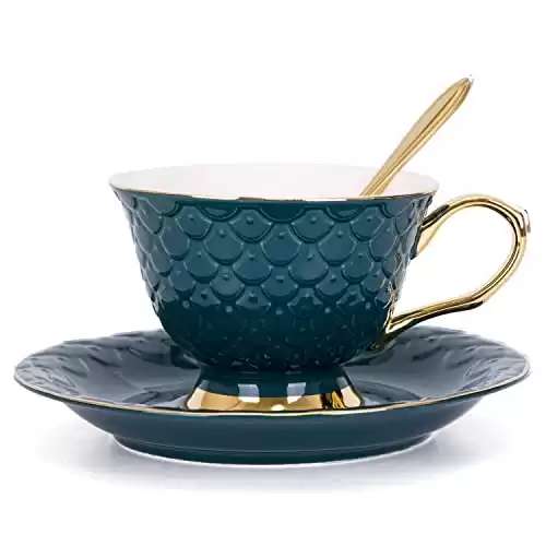 VanEnjoy Green Vintage 8 Ounces Porcelain Tea Cup and Saucer