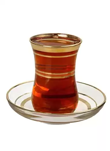 Turkish Tea Glasses & Saucers Set - Gold Trim Design (12 Pc)